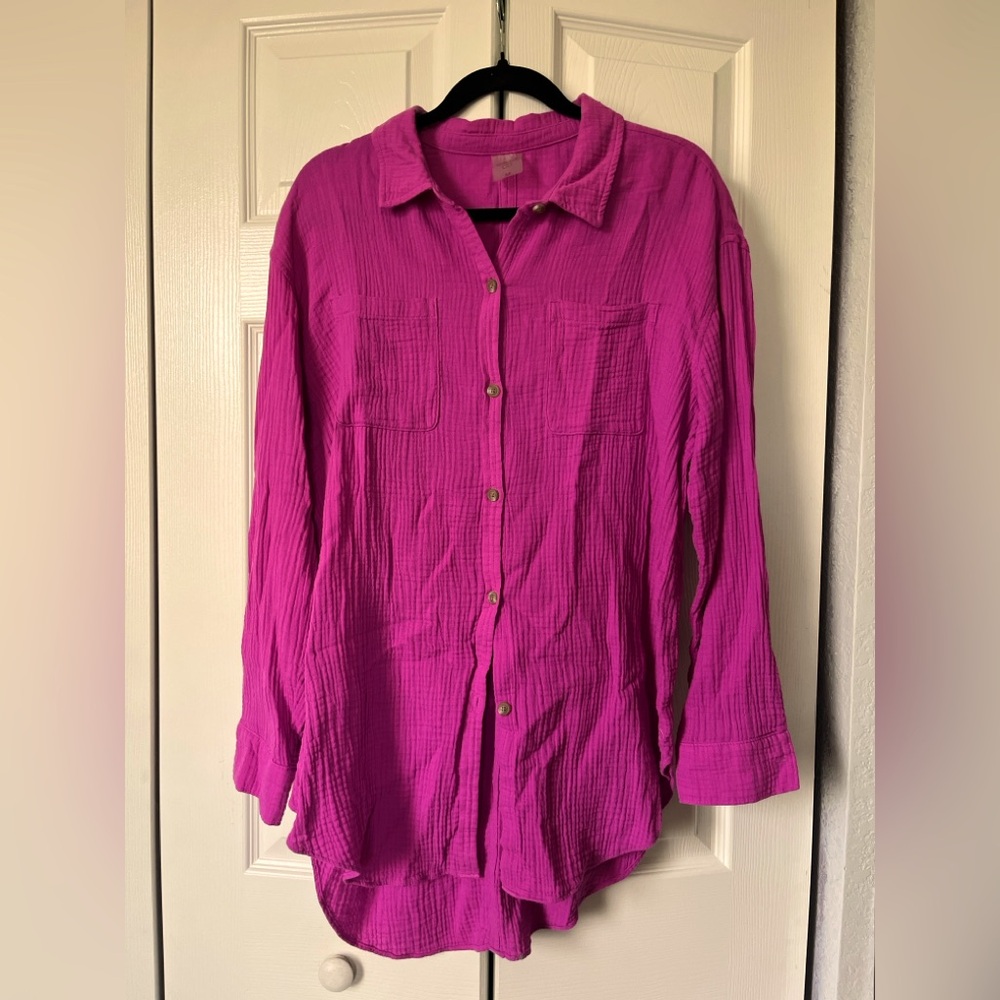 Calia medium long sleeve button down cover up dress pink